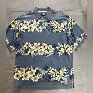 Men’s Tommy Bahama floral polo in cool weathered dusty blue w yellow flowers
